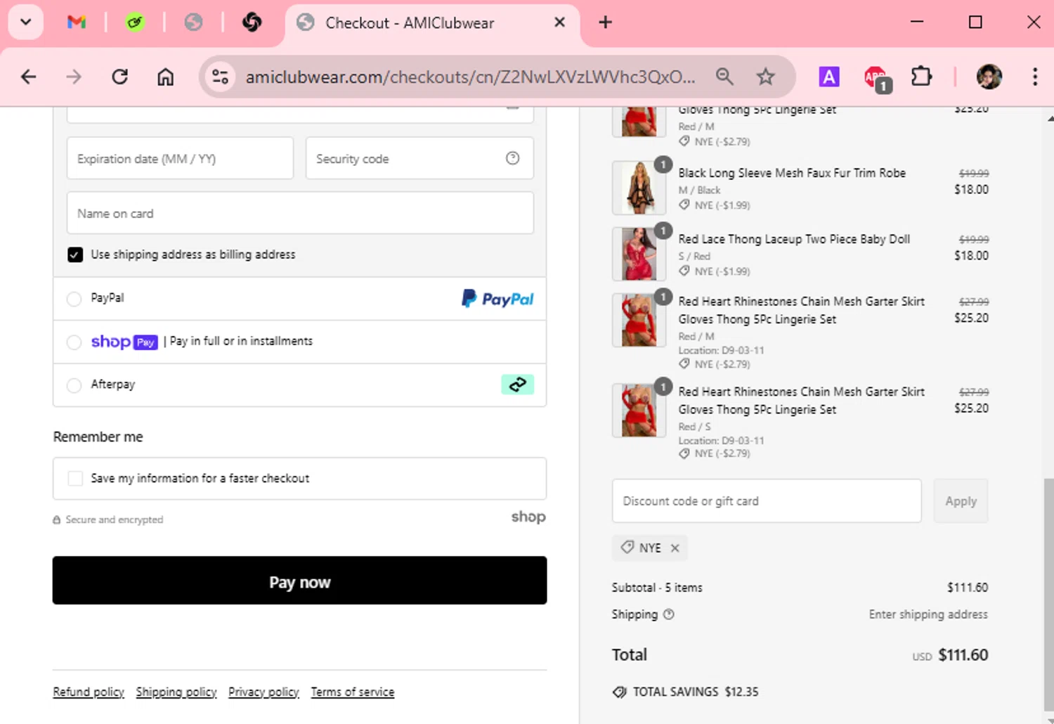 AMI Clubwear discount code screenshot showing code NYE applied at AMI Clubwear checkout page. Uploaded by SimplyCodes community member Scarleth_2GGD on Feb 4, 2025