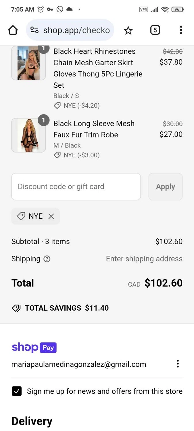 AMI Clubwear discount code screenshot showing code NYE applied at AMI Clubwear checkout page. Uploaded by SimplyCodes community member PromoMaven605 on Mar 5, 2025