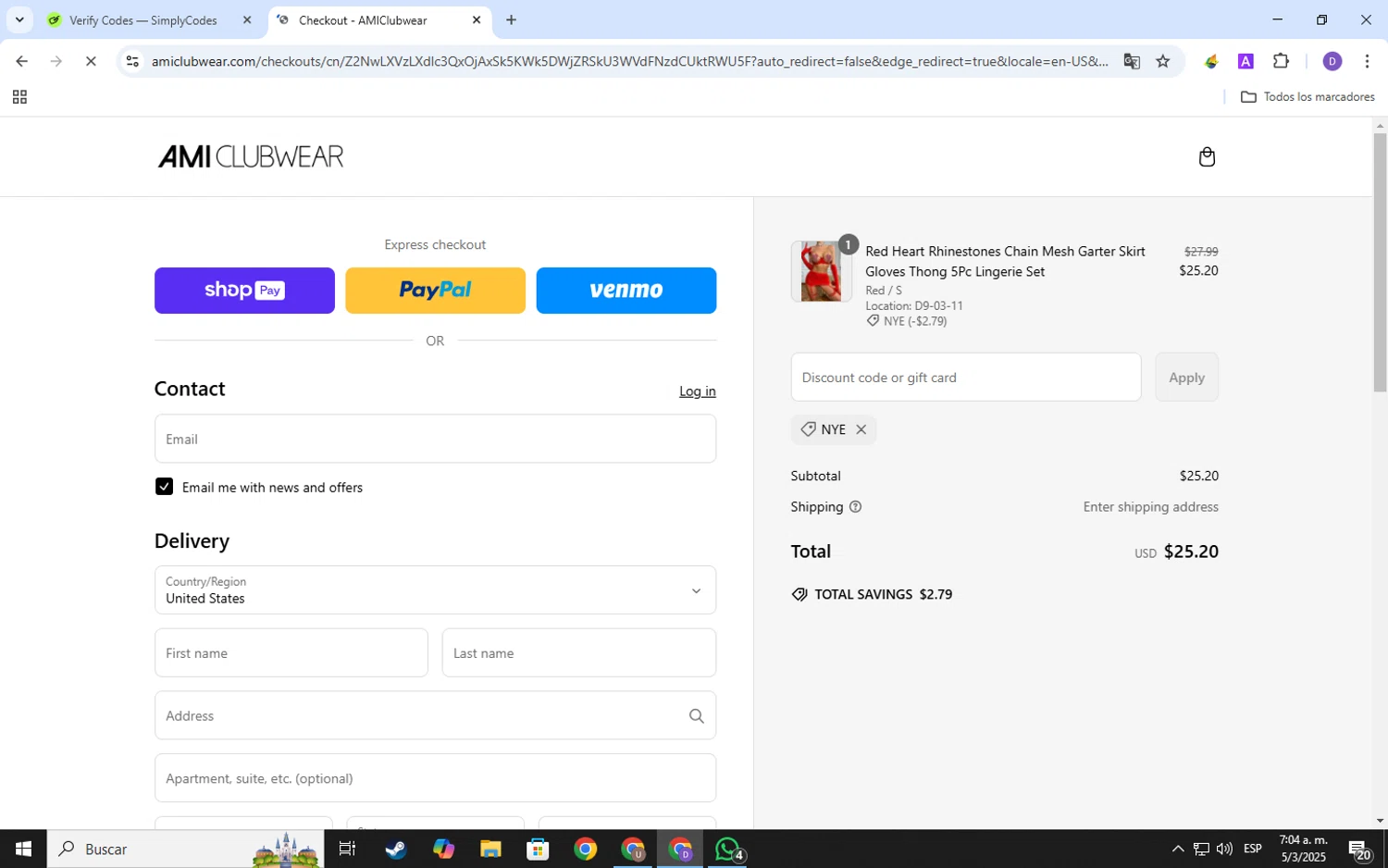 AMI Clubwear discount code screenshot showing code NYE applied at AMI Clubwear checkout page. Uploaded by SimplyCodes community member SavingsSpotter2269 on Mar 5, 2025