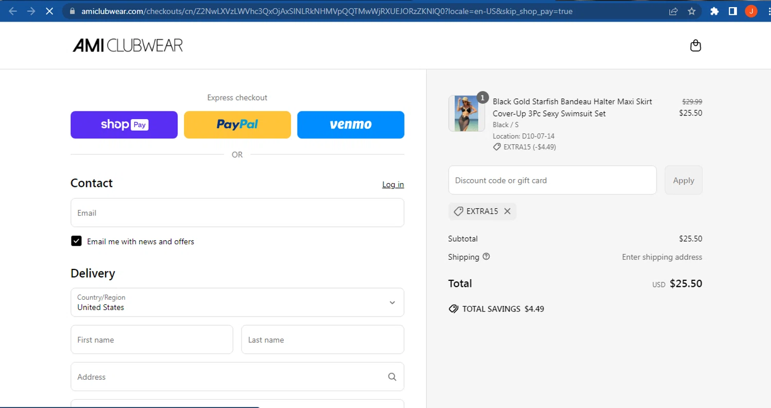 AMI Clubwear discount code screenshot showing code extra15 applied at AMI Clubwear checkout page. Uploaded by SimplyCodes community member FranquizJoel on Apr 24, 2025