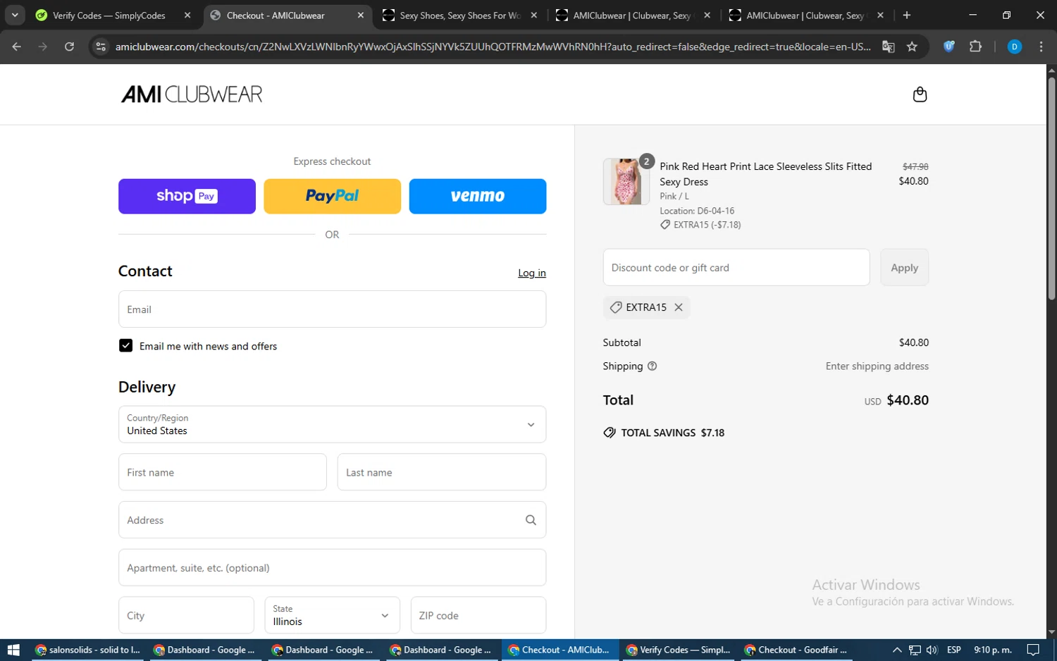AMI Clubwear discount code screenshot showing code extra15 applied at AMI Clubwear checkout page. Uploaded by SimplyCodes community member LegendaryWarden2503 on Jun 15, 2025