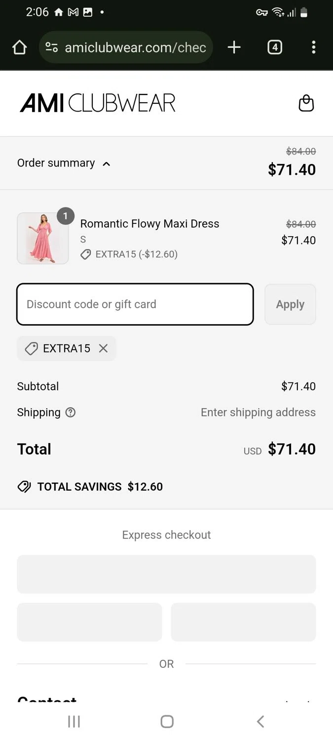 AMI Clubwear discount code screenshot showing code extra15 applied at AMI Clubwear checkout page. Uploaded by SimplyCodes community member tulioriera on Apr 17, 2025