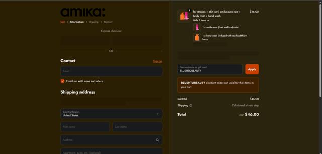 Amika checkout page showing Amika coupon code box | Screenshot taken by SimplyCodes community member on Sep 12, 2025