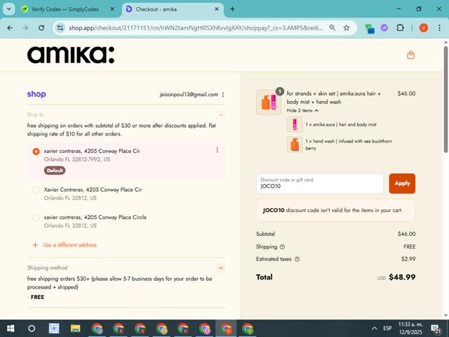Amika checkout page showing Amika coupon code box | Screenshot taken by SimplyCodes community member on Sep 12, 2025
