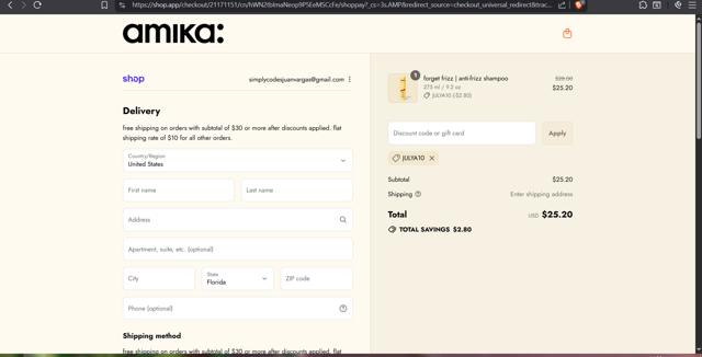 Amika checkout page showing Amika coupon code box | Screenshot taken by SimplyCodes community member on Sep 12, 2025