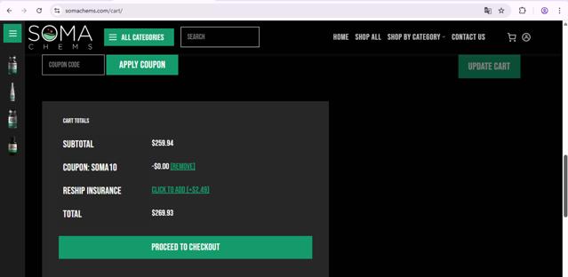 Soma Chems checkout page showing Soma Chems discount code box | Screenshot taken by SimplyCodes community member on Jul 25, 2025