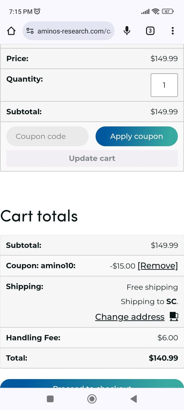Aminos Research checkout page showing Aminos Research coupon code box | Screenshot taken by SimplyCodes community member on Apr 15, 2024