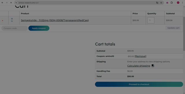 Aminos Research checkout page showing Aminos Research coupon code box | Screenshot taken by SimplyCodes community member on Apr 23, 2024