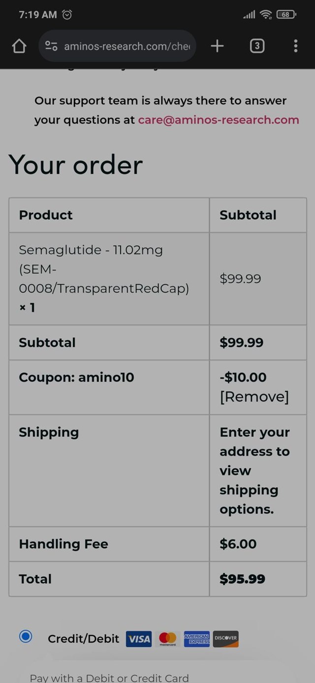 Aminos Research checkout page showing Aminos Research coupon code box | Screenshot taken by SimplyCodes community member on Apr 11, 2024