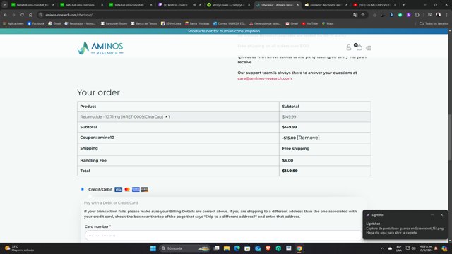 Aminos Research checkout page showing Aminos Research coupon code box | Screenshot taken by SimplyCodes community member on Sep 15, 2024