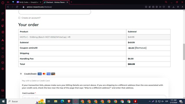 Aminos Research checkout page showing Aminos Research coupon code box | Screenshot taken by SimplyCodes community member on Mar 13, 2024
