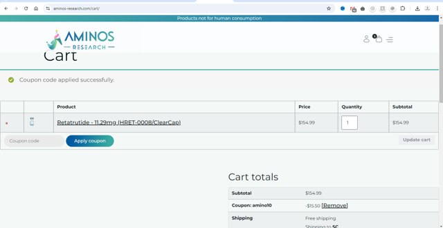 Aminos Research checkout page showing Aminos Research coupon code box | Screenshot taken by SimplyCodes community member on Oct 3, 2024