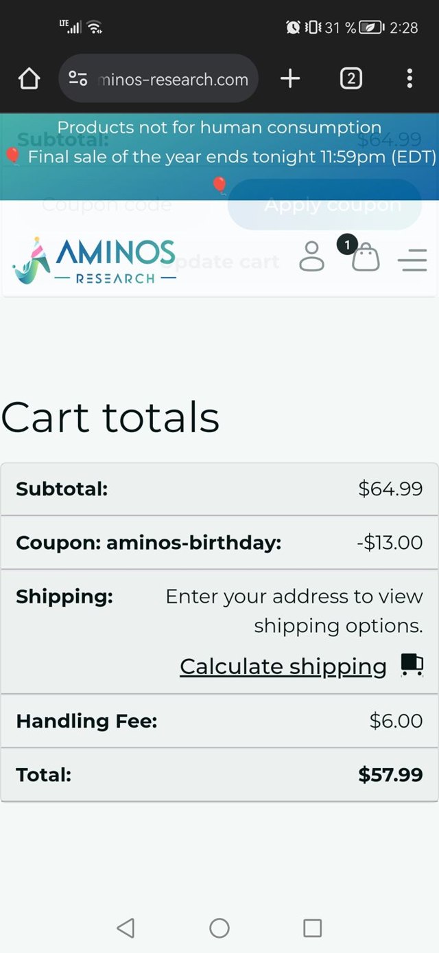 Aminos Research checkout page showing Aminos Research coupon code box | Screenshot taken by SimplyCodes community member on Nov 3, 2024