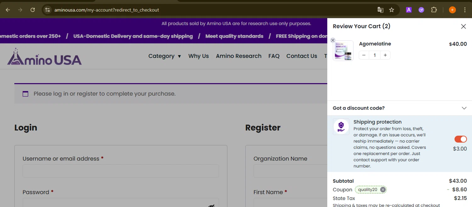 Amino USA checkout page showing Amino USA discount code box | Screenshot taken by SimplyCodes community member on Dec 31, 2025