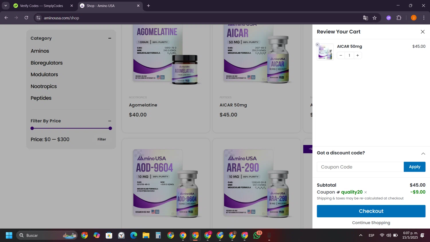 Amino USA discount code screenshot showing code QUALITY20 applied at Amino USA checkout page. Uploaded by SimplyCodes community member SilverSentinel5952 on May 15, 2025