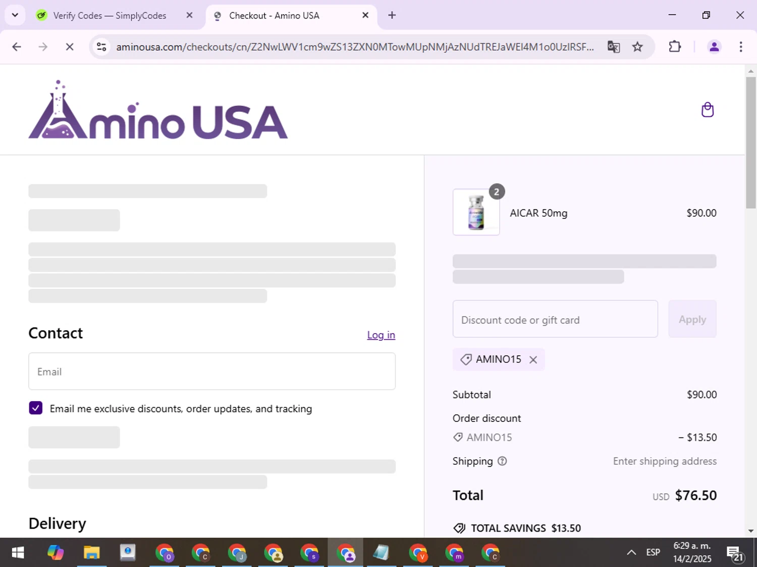 Amino USA discount code screenshot showing code AMINO15 applied at Amino USA checkout page. Uploaded by SimplyCodes community member ExtraordinaryPro8536 on Feb 14, 2025