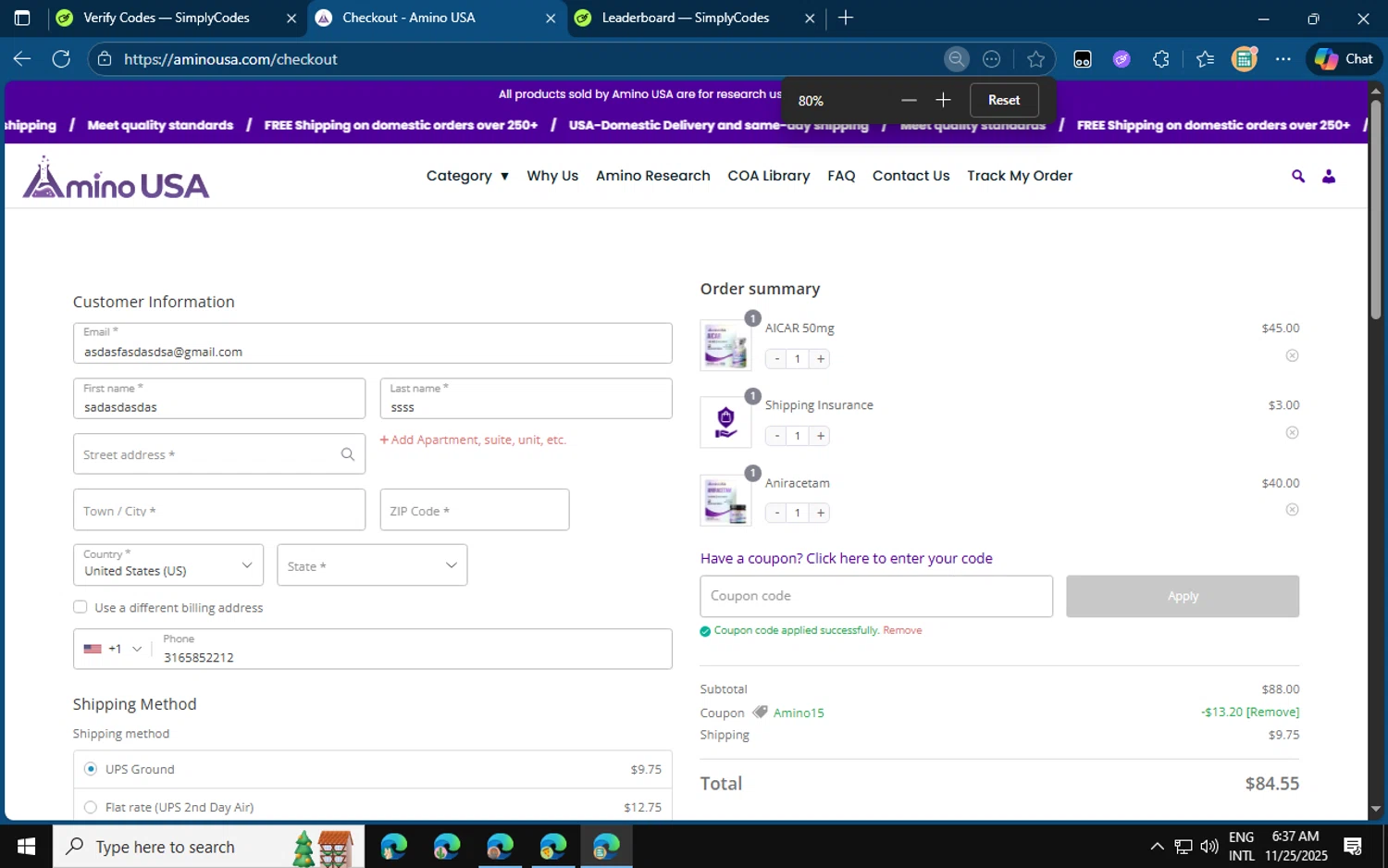 Amino USA discount code screenshot showing code AMINO15 applied at Amino USA checkout page. Uploaded by SimplyCodes community member jvllsk3 on Nov 25, 2025