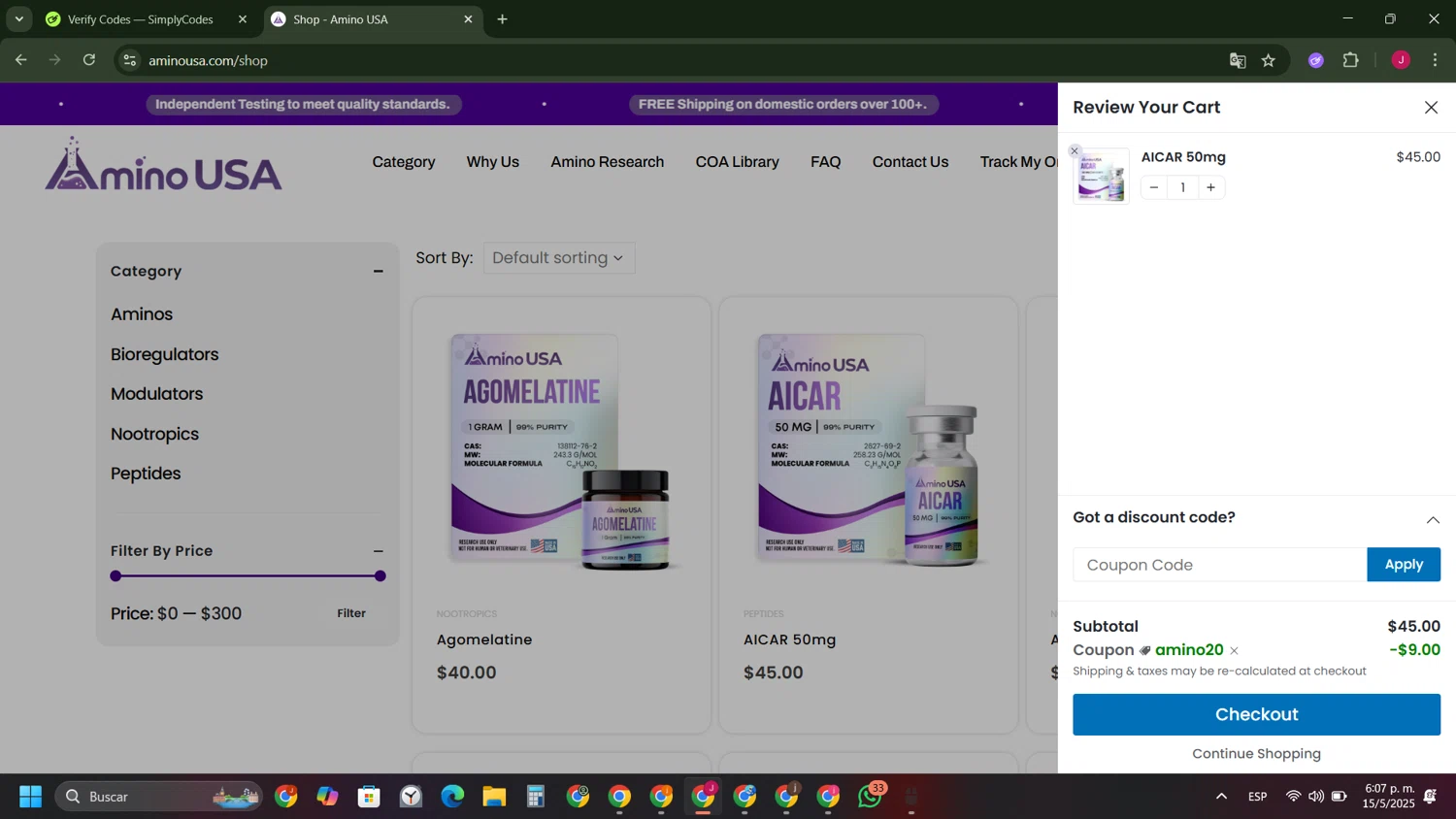 Amino USA discount code screenshot showing code AMINO20 applied at Amino USA checkout page. Uploaded by SimplyCodes community member FrugalFinder745 on May 15, 2025