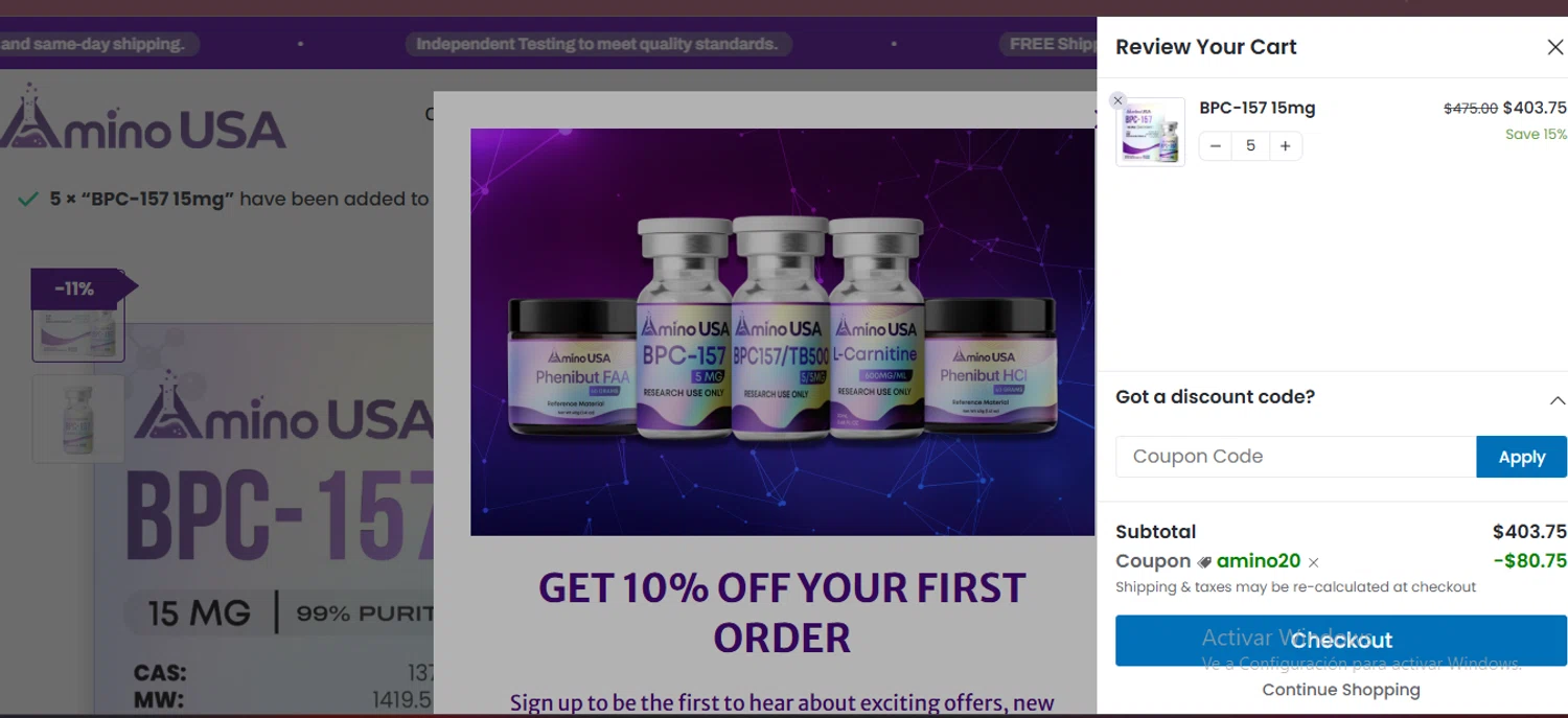 Amino USA discount code screenshot showing code AMINO20 applied at Amino USA checkout page. Uploaded by SimplyCodes community member larenacida on Mar 13, 2025