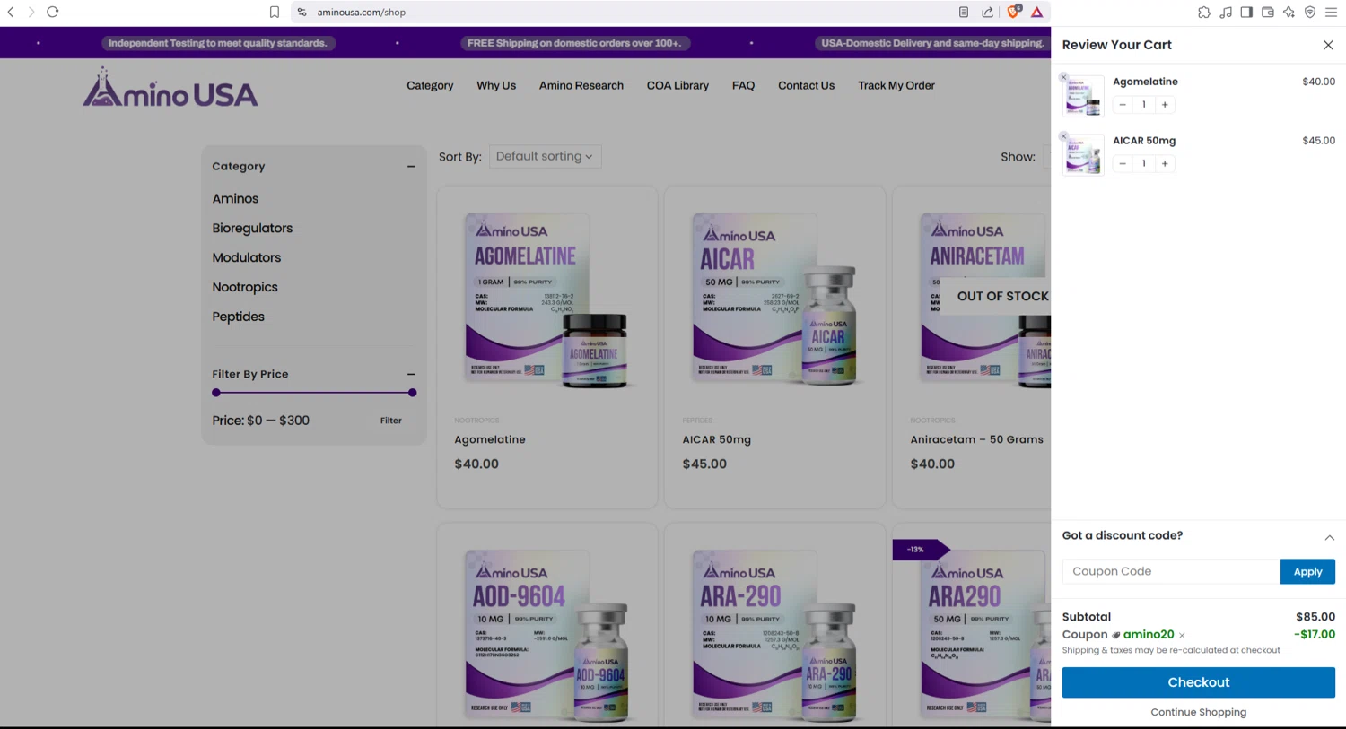 Amino USA discount code screenshot showing code AMINO20 applied at Amino USA checkout page. Uploaded by SimplyCodes community member leonardjose on May 8, 2025