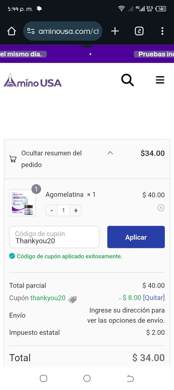 Amino USA discount code screenshot showing code Thankyou20 applied at Amino USA checkout page. Uploaded by SimplyCodes community member CleverWhiz2265 on May 15, 2025