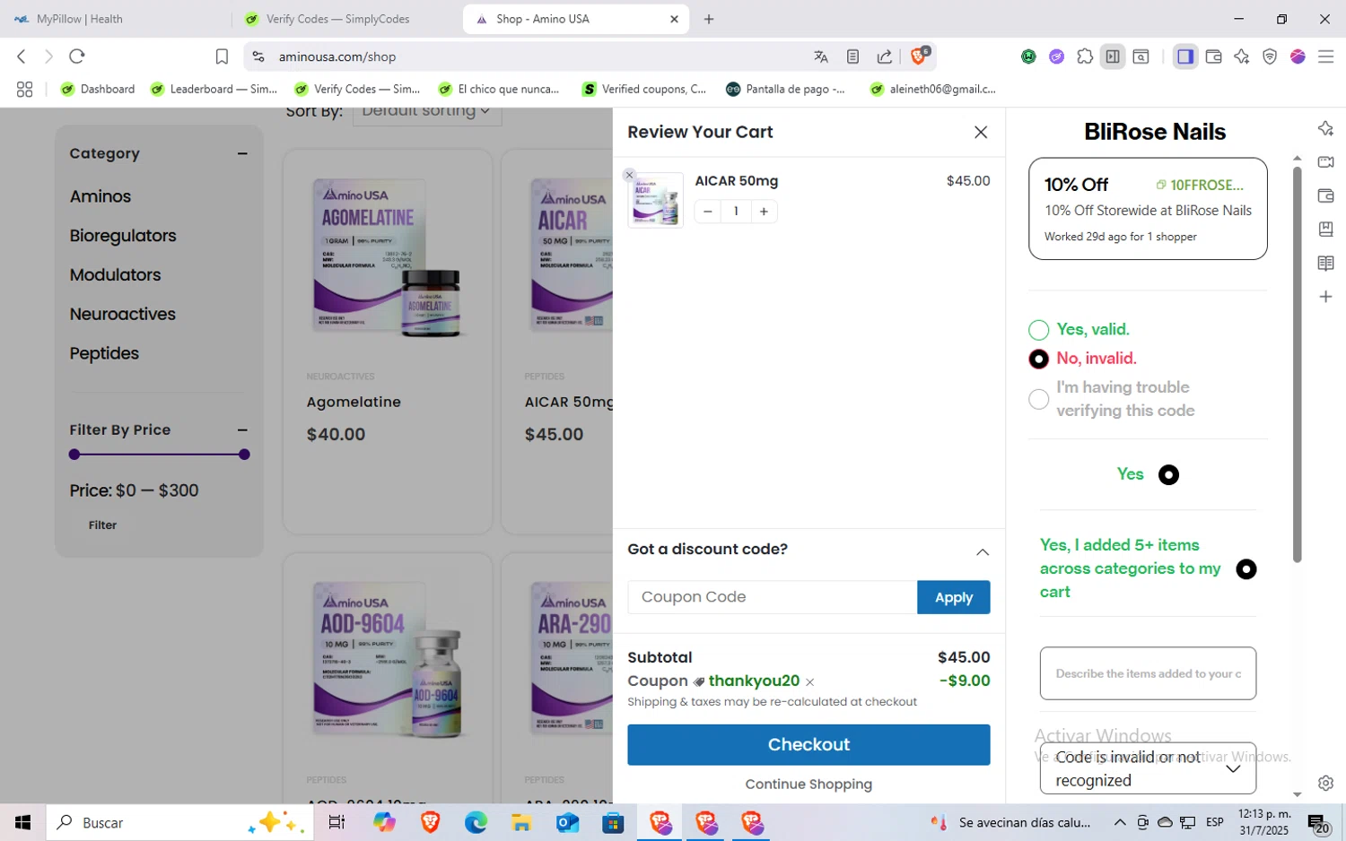 Amino USA discount code screenshot showing code Thankyou20 applied at Amino USA checkout page. Uploaded by SimplyCodes community member Rayyyyyy on Jul 31, 2025