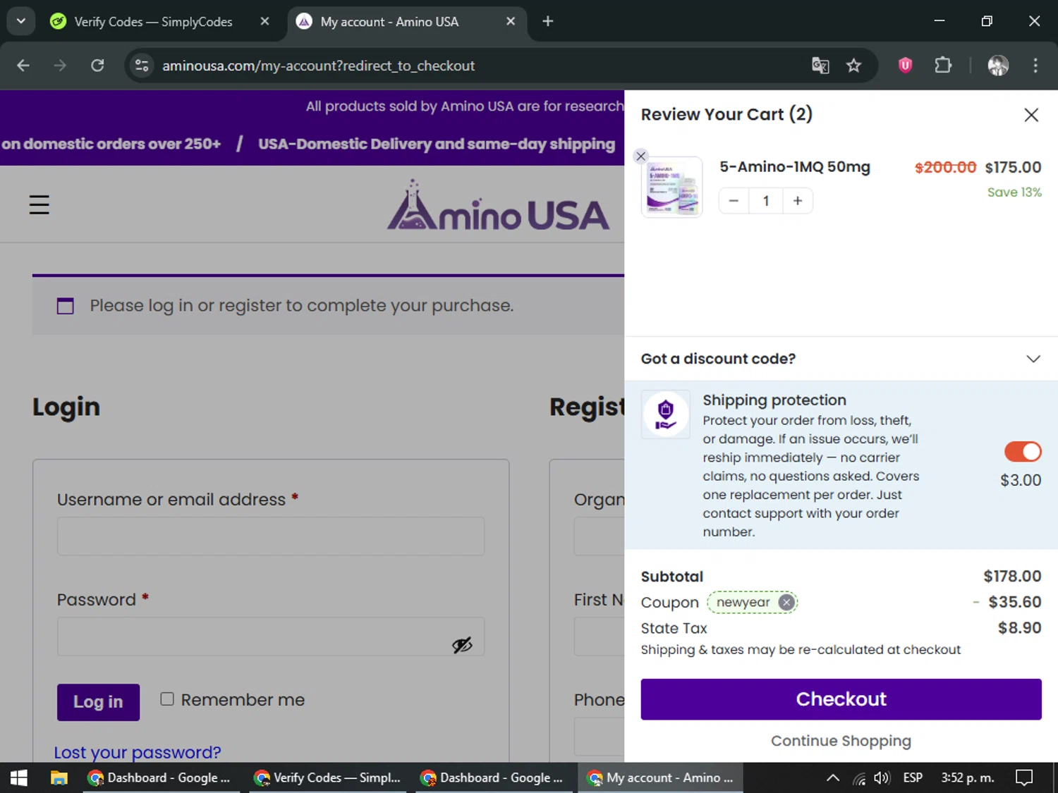 Amino USA checkout page showing Amino USA discount code box | Screenshot taken by SimplyCodes community member on Dec 31, 2025