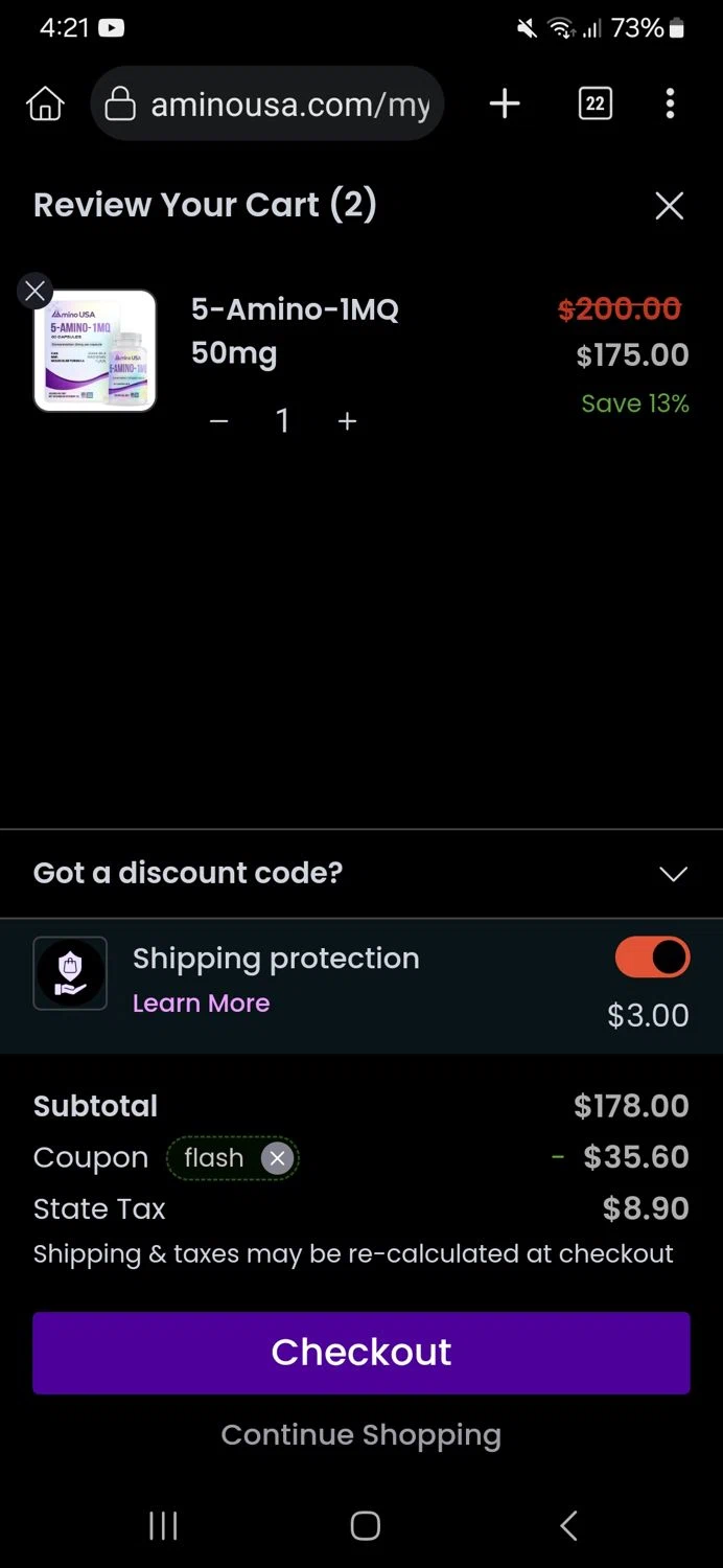 Amino USA checkout page showing Amino USA discount code box | Screenshot taken by SimplyCodes community member on Jan 16, 2026