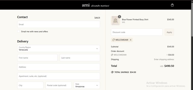 AMI PARIS checkout page showing AMI PARIS discount code box | Screenshot taken by SimplyCodes community member on Jun 6, 2025