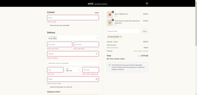 AMI PARIS checkout page showing AMI PARIS discount code box | Screenshot taken by SimplyCodes community member on Jul 16, 2025
