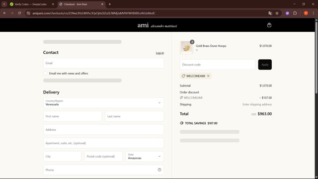AMI PARIS checkout page showing AMI PARIS discount code box | Screenshot taken by SimplyCodes community member on May 23, 2025