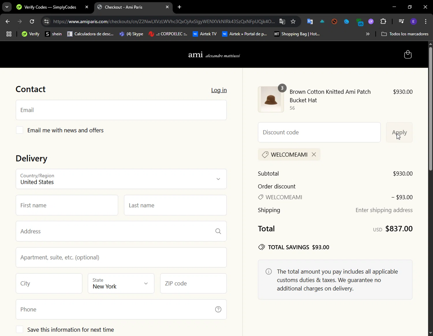 AMI PARIS discount code screenshot showing code WELCOMEAMI applied at AMI PARIS checkout page. Uploaded by SimplyCodes community member LuckyFinder274 on Jun 6, 2025