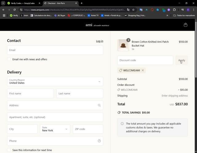 AMI PARIS checkout page showing AMI PARIS discount code box | Screenshot taken by SimplyCodes community member on Jun 6, 2025