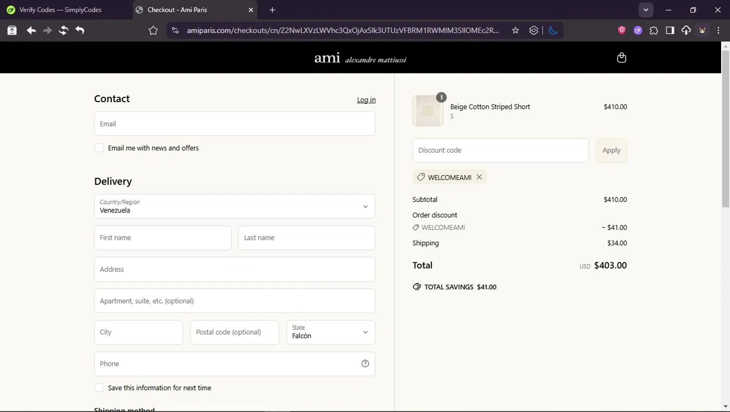 AMI PARIS discount code screenshot showing code WELCOMEAMI applied at AMI PARIS checkout page. Uploaded by SimplyCodes community member Userr2 on Jun 20, 2025