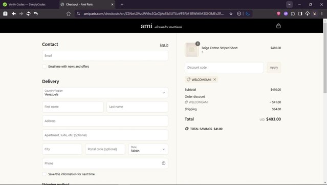 AMI PARIS checkout page showing AMI PARIS discount code box | Screenshot taken by SimplyCodes community member on Jun 20, 2025