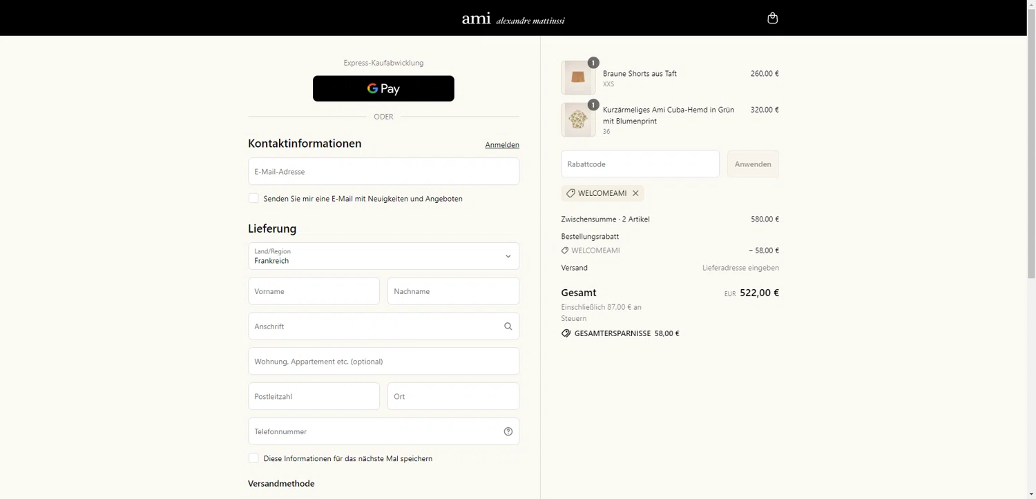 AMI PARIS discount code screenshot showing code WELCOMEAMI applied at AMI PARIS checkout page. Uploaded by SimplyCodes community member ValiantAce1810 on Jul 16, 2025