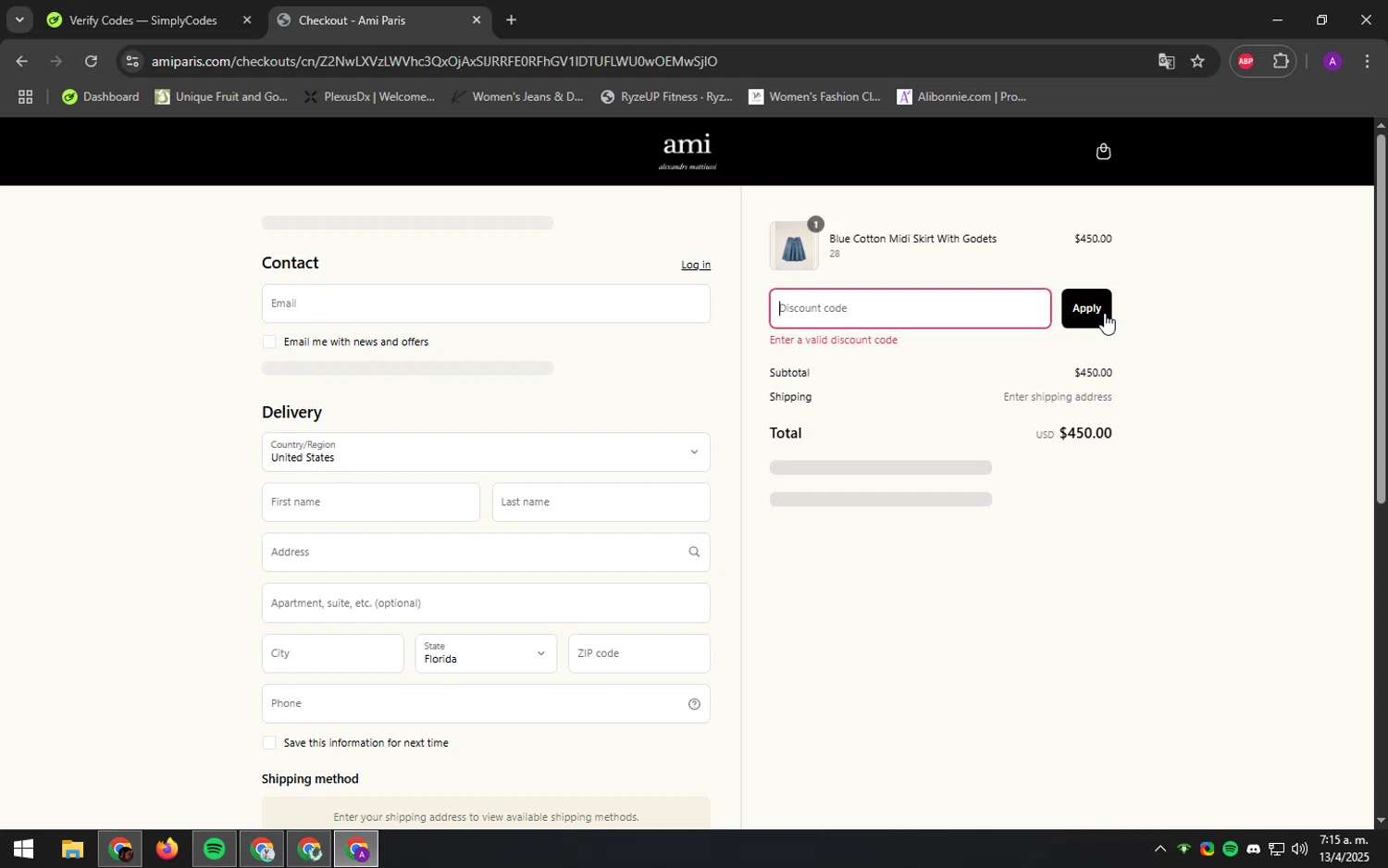 AMI PARIS discount code screenshot showing code MEN72D88A0YJ applied at AMI PARIS checkout page. Uploaded by SimplyCodes community member DeathBone on Apr 13, 2025