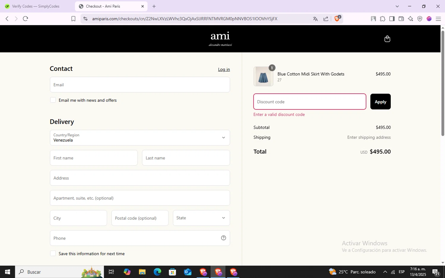 AMI PARIS discount code screenshot showing code MEN72D88A0YJ applied at AMI PARIS checkout page. Uploaded by SimplyCodes community member VoucherSpotter6910 on Apr 13, 2025