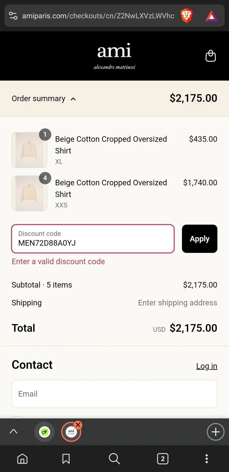 AMI PARIS discount code screenshot showing code MEN72D88A0YJ applied at AMI PARIS checkout page. Uploaded by SimplyCodes community member xxdddd on Apr 13, 2025