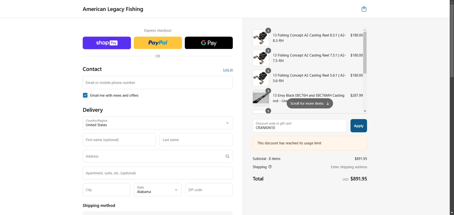 American Legacy Fishing discount code screenshot showing code CRANKIN10 applied at American Legacy Fishing checkout page. Uploaded by SimplyCodes community member TokenCollector1268 on May 20, 2025