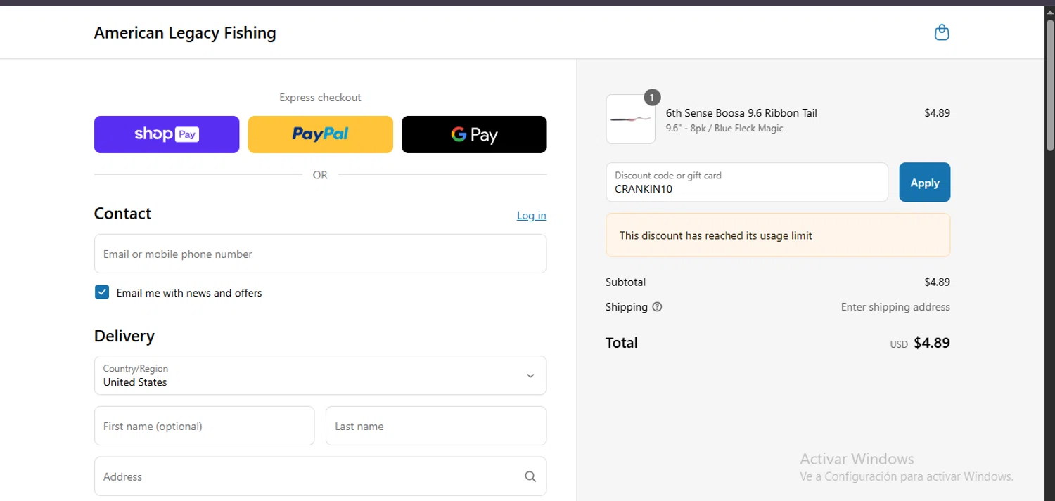 American Legacy Fishing discount code screenshot showing code CRANKIN10 applied at American Legacy Fishing checkout page. Uploaded by SimplyCodes community member WiseSage2777 on May 20, 2025