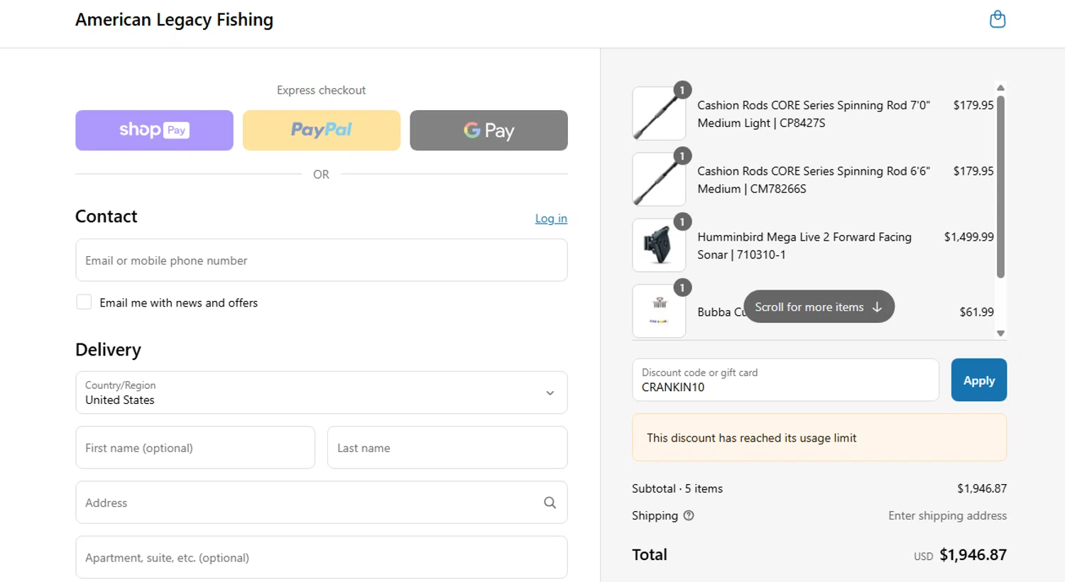 American Legacy Fishing discount code screenshot showing code CRANKIN10 applied at American Legacy Fishing checkout page. Uploaded by SimplyCodes community member yolimararteaga1 on May 20, 2025