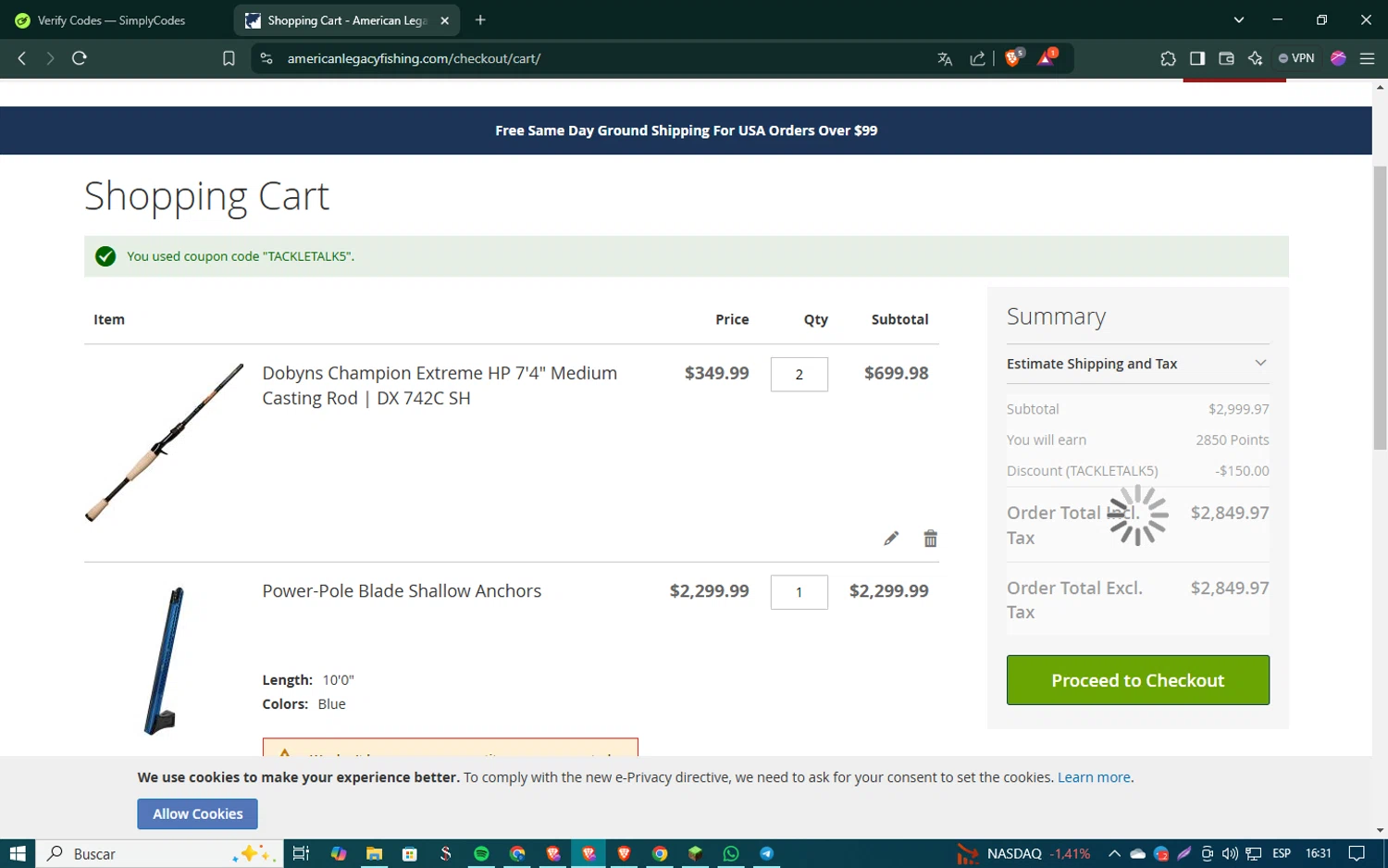 American Legacy Fishing discount code screenshot showing code TACKLETALK5 applied at American Legacy Fishing checkout page. Uploaded by SimplyCodes community member SmartSaver5448 on Feb 7, 2025