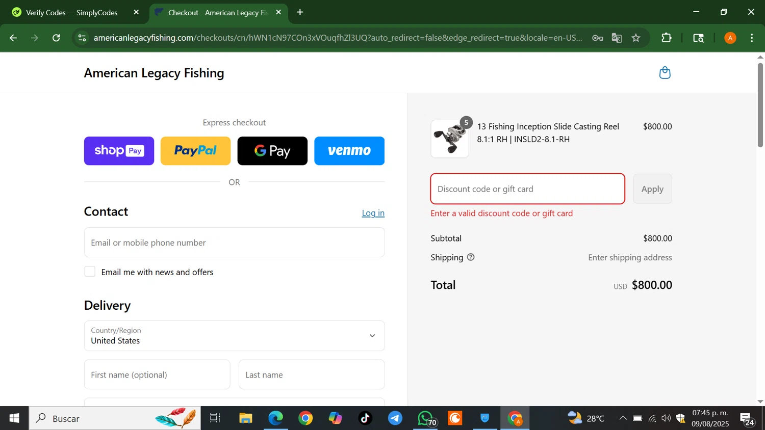 American Legacy Fishing discount code screenshot showing code DAD applied at American Legacy Fishing checkout page. Uploaded by SimplyCodes community member AlfredoBonifacio on Aug 9, 2025