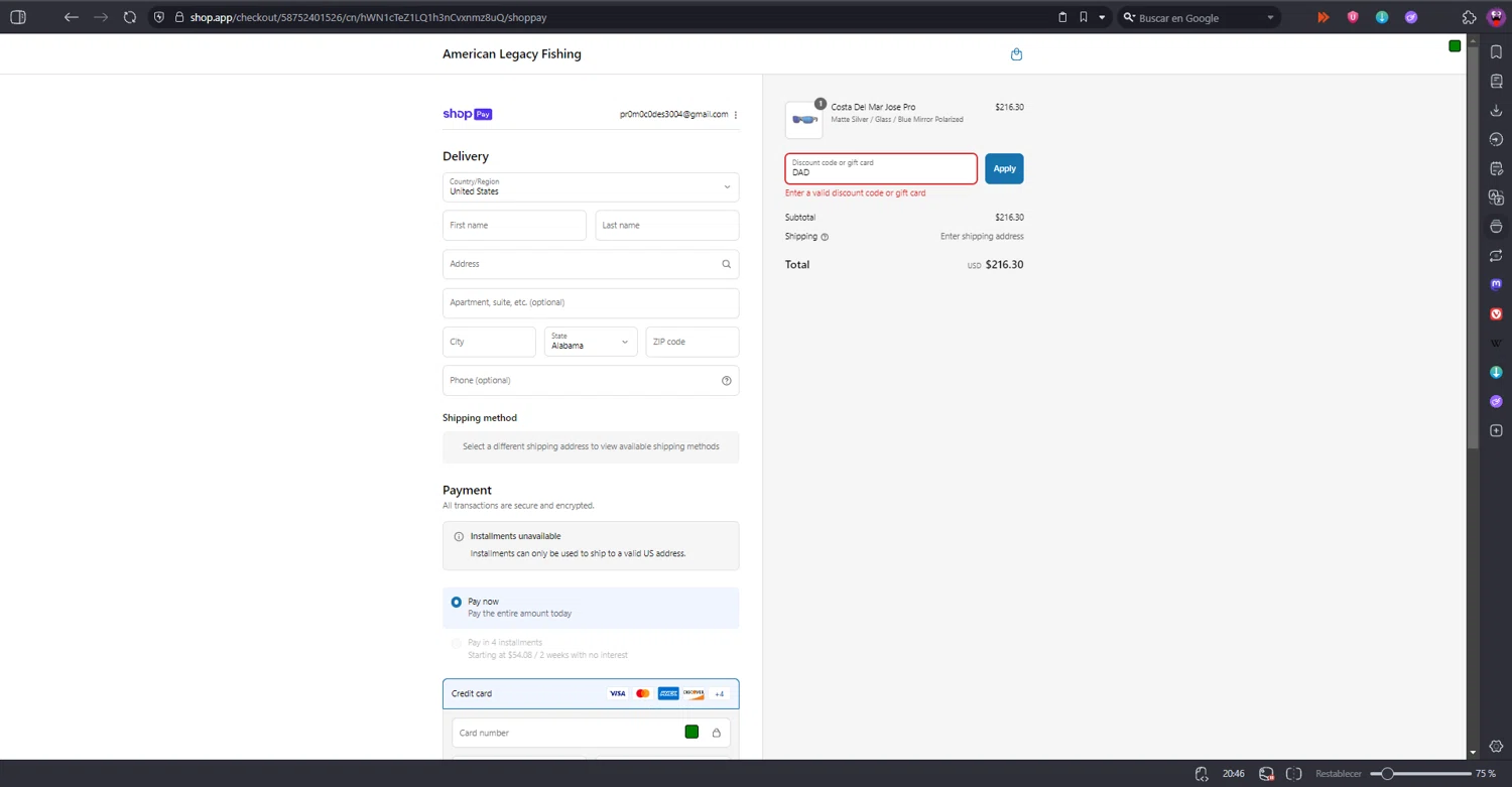 American Legacy Fishing discount code screenshot showing code DAD applied at American Legacy Fishing checkout page. Uploaded by SimplyCodes community member RINITOSHI on Aug 10, 2025
