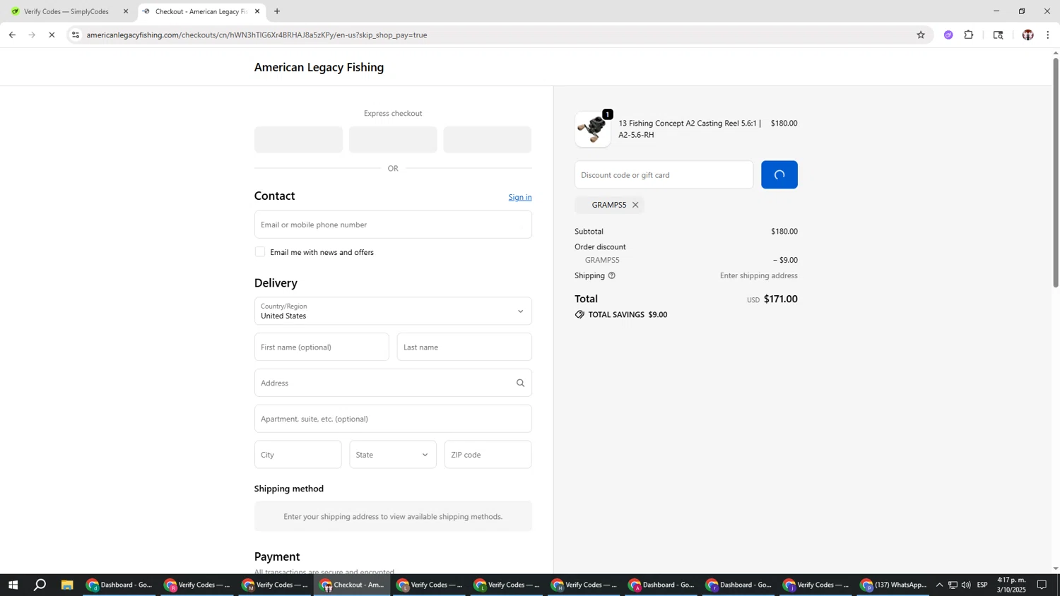 American Legacy Fishing discount code screenshot showing code GRAMPS5 applied at American Legacy Fishing checkout page. Uploaded by SimplyCodes community member Salometta on Oct 3, 2025