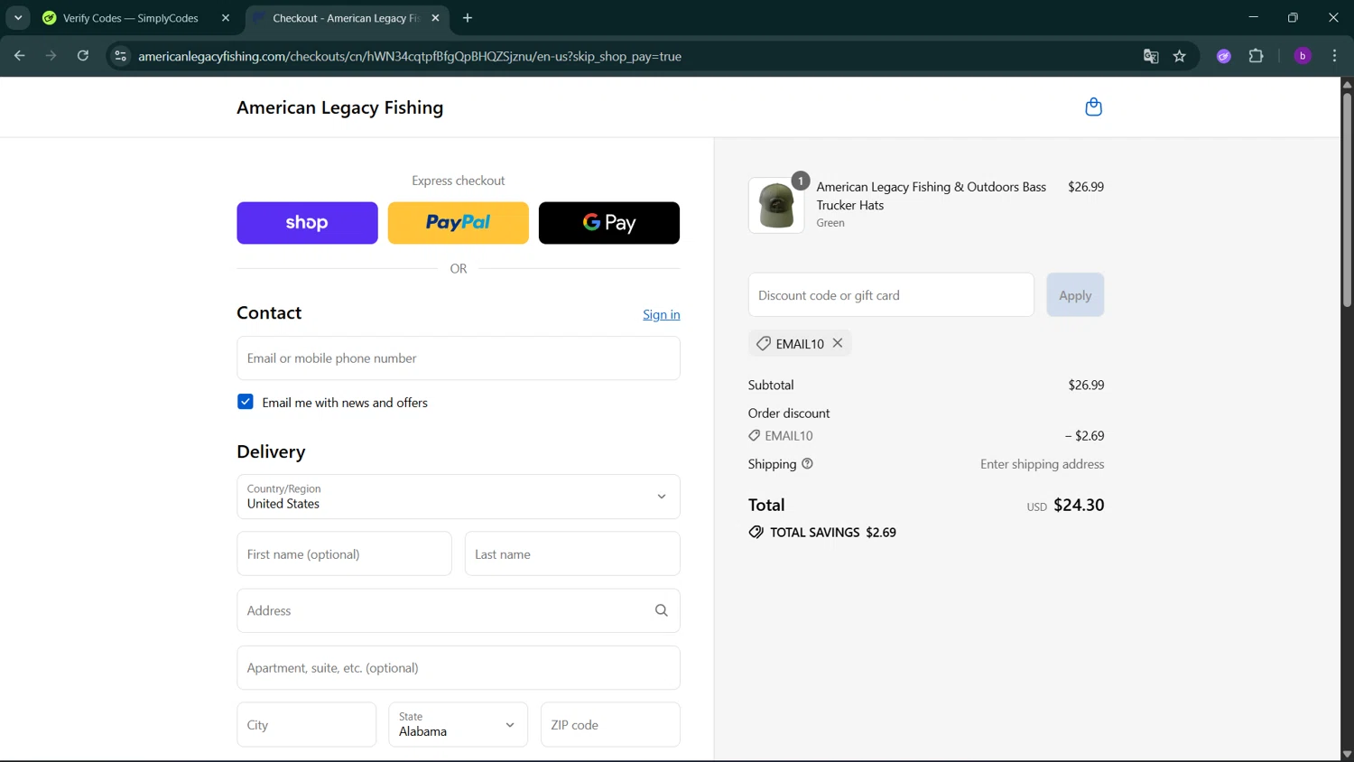 American Legacy Fishing discount code screenshot showing code EMAIL10 applied at American Legacy Fishing checkout page. Uploaded by SimplyCodes community member RoyalSleuth2430 on Sep 17, 2025