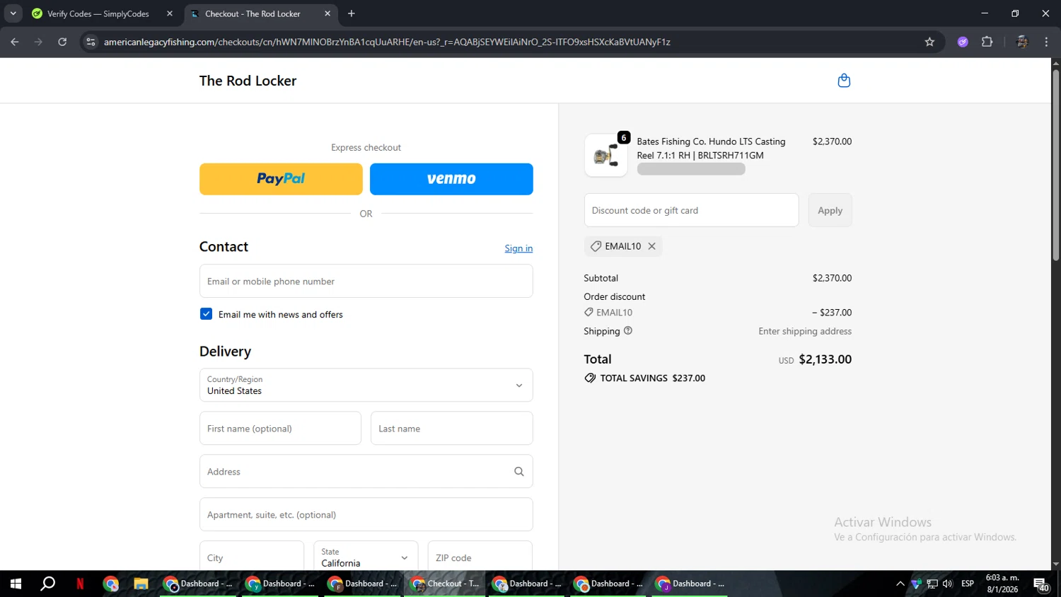 American Legacy Fishing checkout page showing American Legacy Fishing discount code box | Screenshot taken by SimplyCodes community member on Jan 8, 2026
