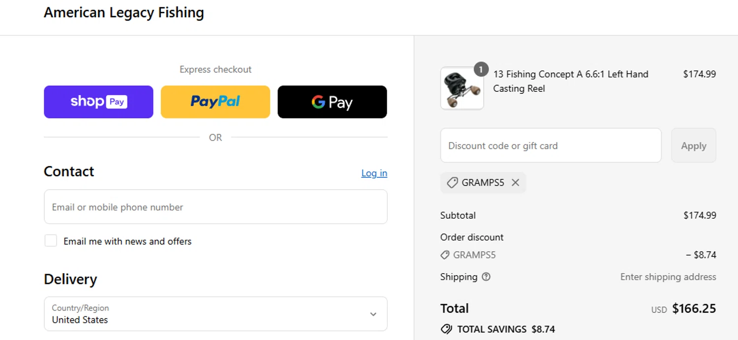 American Legacy Fishing discount code screenshot showing code GRAMPS5 applied at American Legacy Fishing checkout page. Uploaded by SimplyCodes community member ashe1986 on Aug 20, 2025