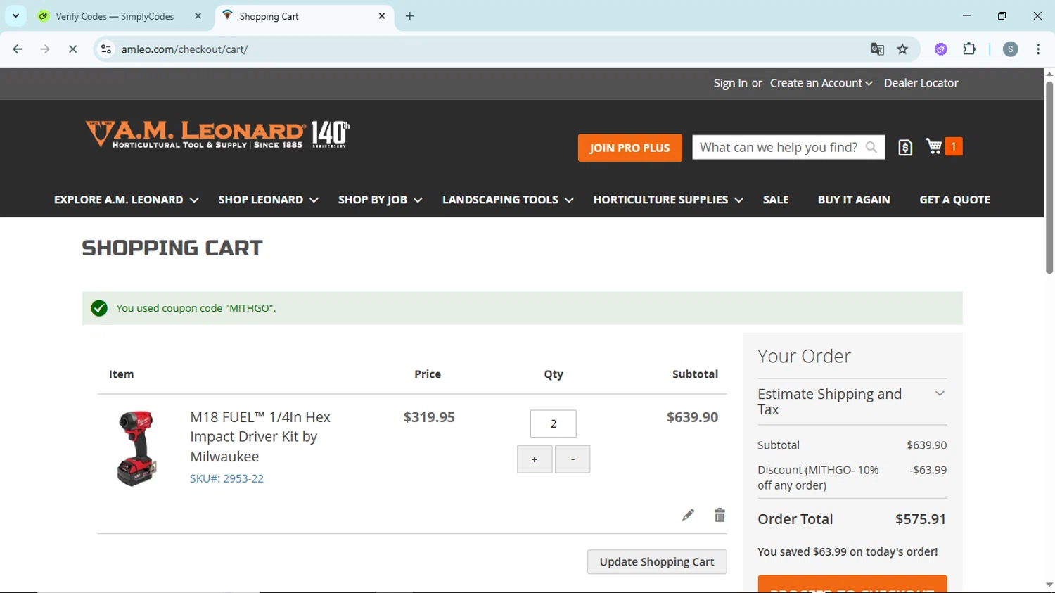 A.M. Leonard discount code screenshot showing code MITHGO applied at A.M. Leonard checkout page. Uploaded by SimplyCodes community member EpicScholar6418 on Nov 25, 2025